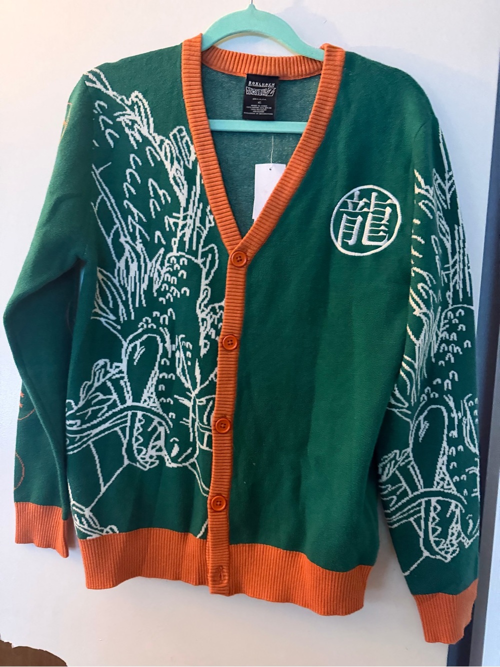 Green Dragon-Graphic Cardigan Sweater with Orange Trim - Men